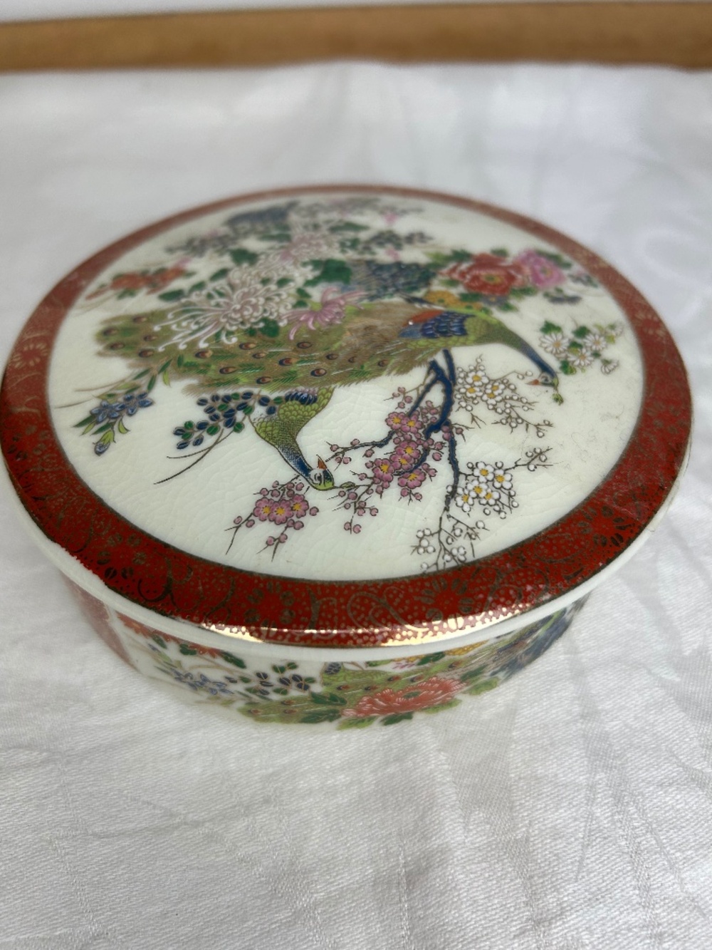 VTG Satsuma Japan Peacock Floral Jewelry Trinket Box Rust Gold Porcelain